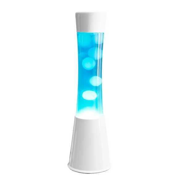 Lampe lave - base blanche, lave bleue - d12*h40cm - verre, métal, ampoule incluse