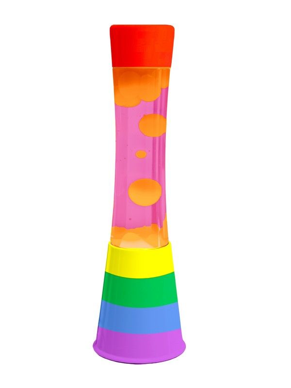 Une lampe Lave avec un socle arc-en-ciel, un liquide rose et de la lave orange.