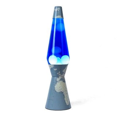 lampe Lave avec un socle carte du monde, un liquide bleu et de la lave blanche. 